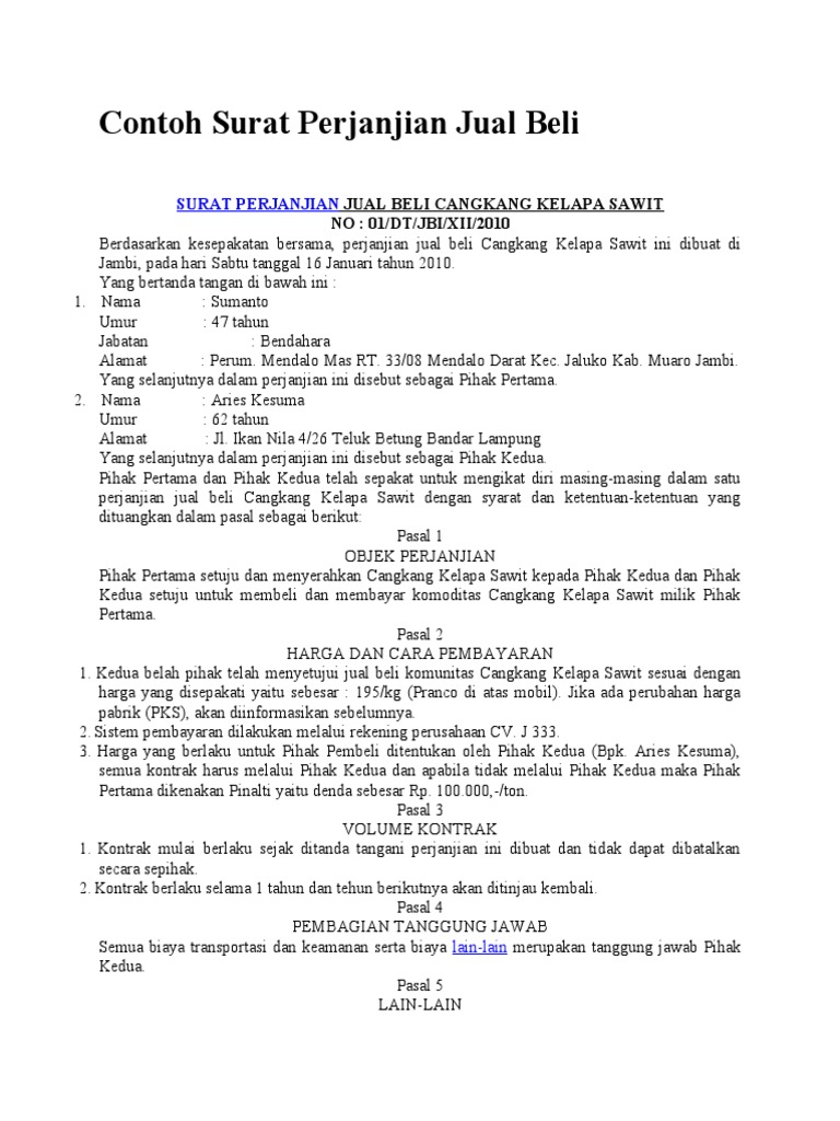 Contoh Surat Perjanjian Jual Beli  PDF