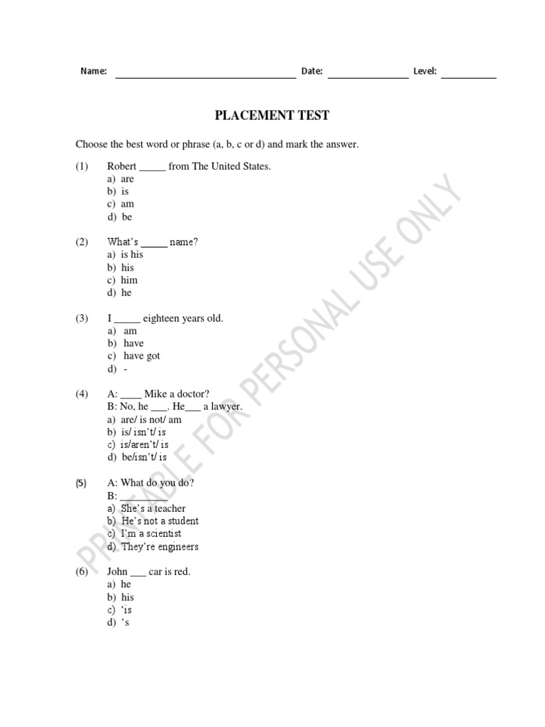 Placement Test A1 A2 PDF