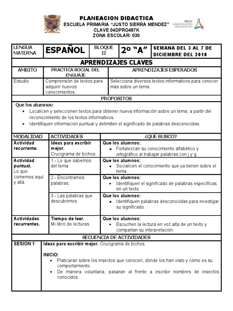 Planeación Didáctica 2º Grado Primaria | PDF | Educación primaria ...
