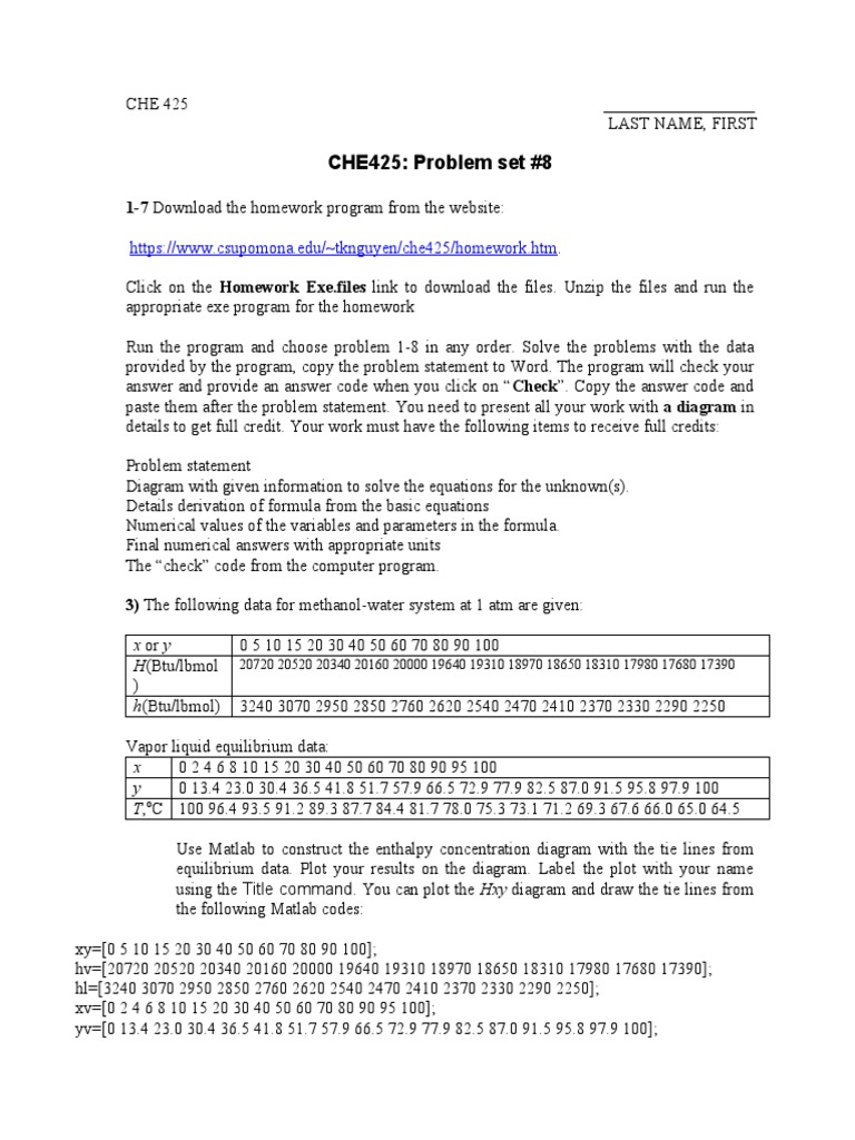 CHE 425 Problem Set 8 Instructions | PDF | Equations | Applied Mathematics
