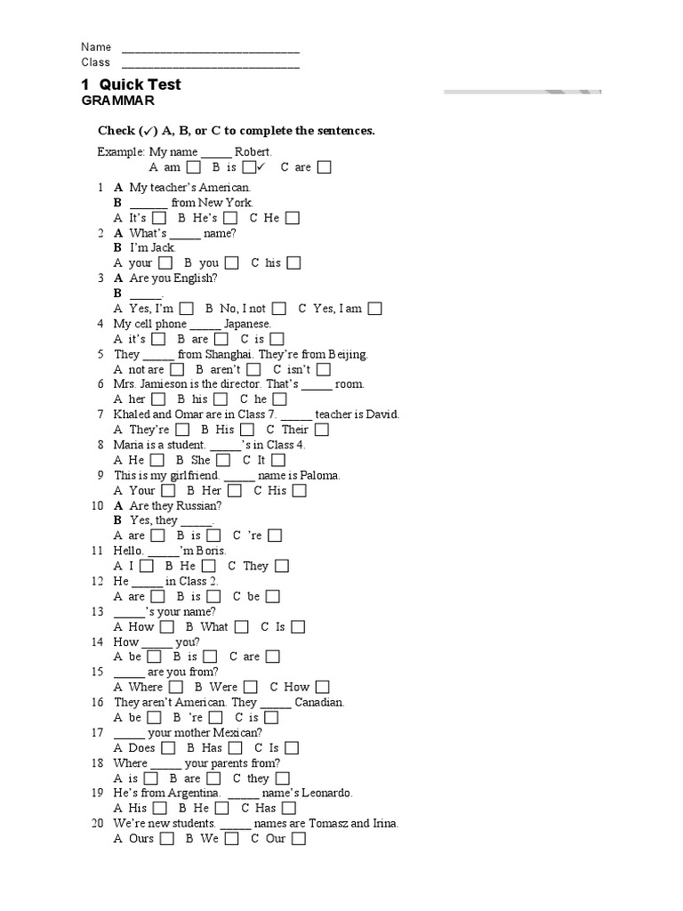 Quick English Test: Grammar & Vocabulary | PDF | Symbols | Linguistics