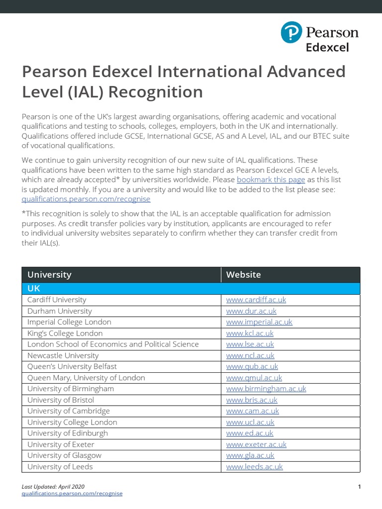 Pearson Edexcel International Advanced Level (IAL) Recognition | PDF ...