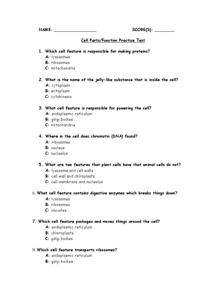 Cell Parts Practice Quiz | Pdf | Endoplasmic Reticulum | Cell (Biology)