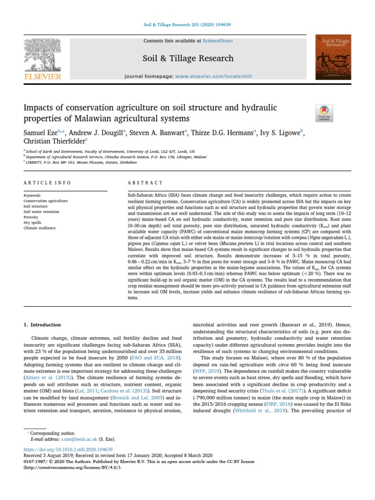 Impacts of Conservation Agriculture On Soil Structure and Hydraulic ...