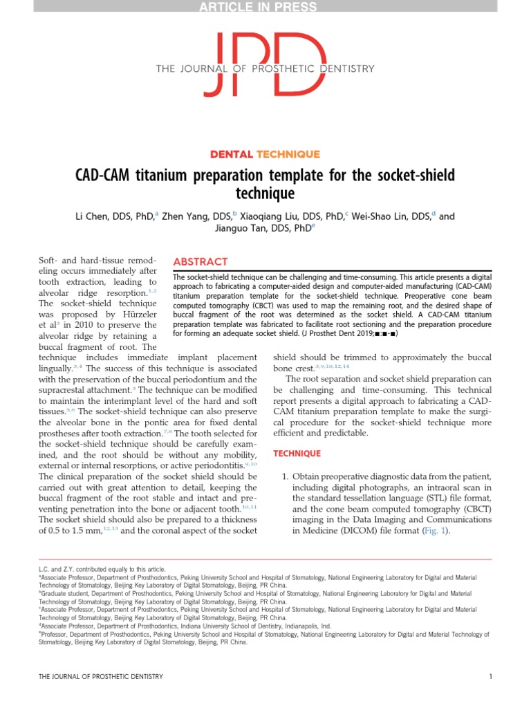 CAD-CAM Titanium Preparation Template For The Socket-Shield Technique ...