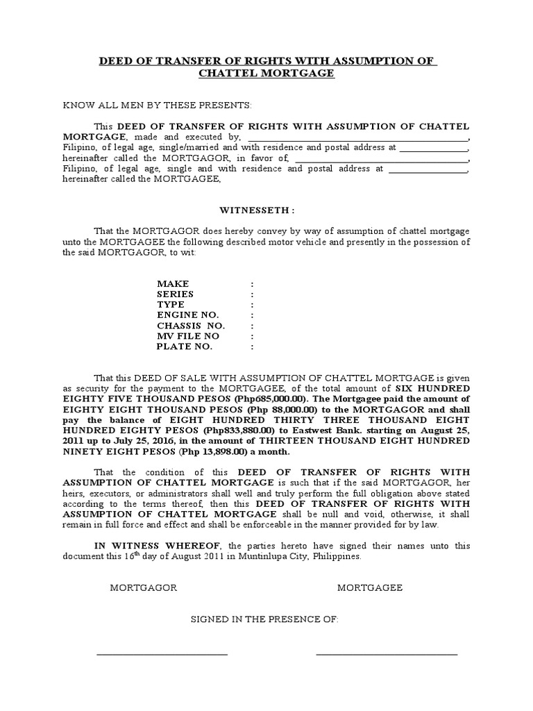 DEED OF ASSUMPTION OF CHATTEL MORTGAGE Blank PDF Mortgage Law Deed
