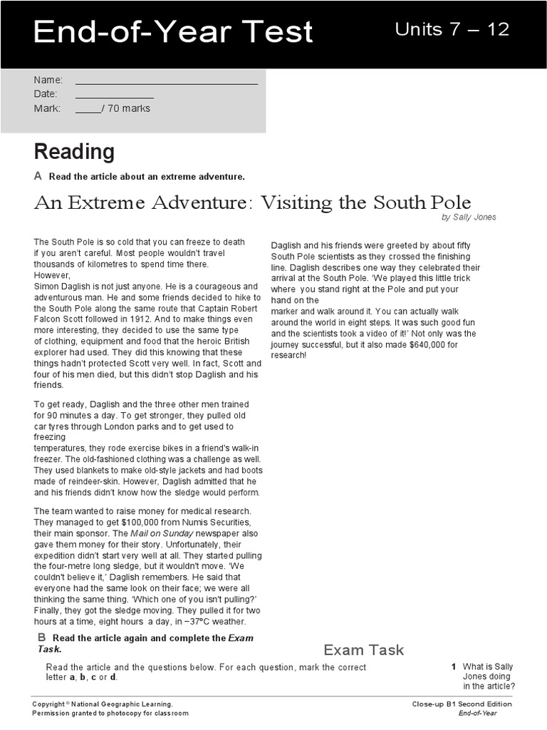 B1 Editable End Of Year Test South Pole Test Assessment