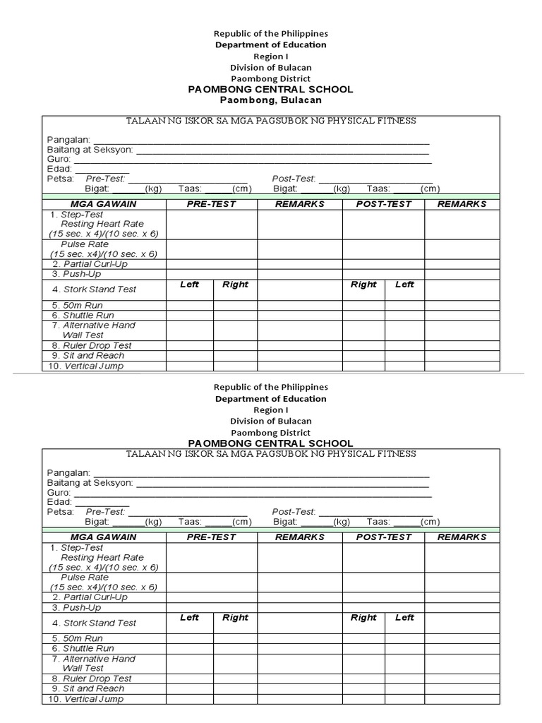 Physical Fitness Test Score Sheet | PDF | Physical Exercise | Physical ...