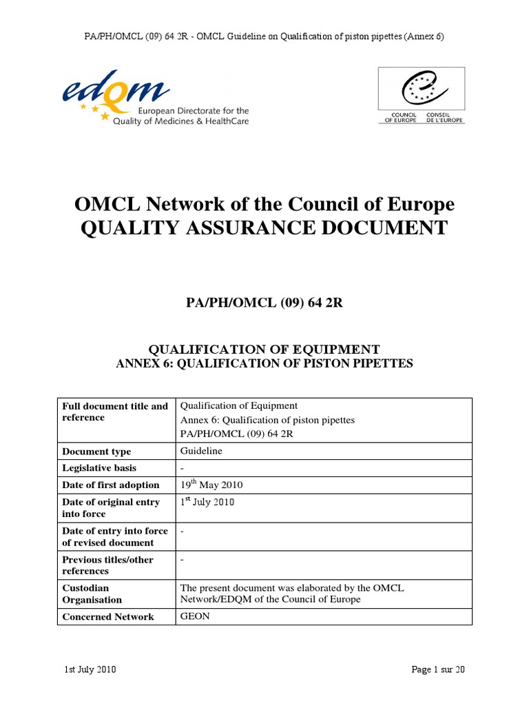 EDQMQualification of Piston Pipettes PDF Calibration Nature
