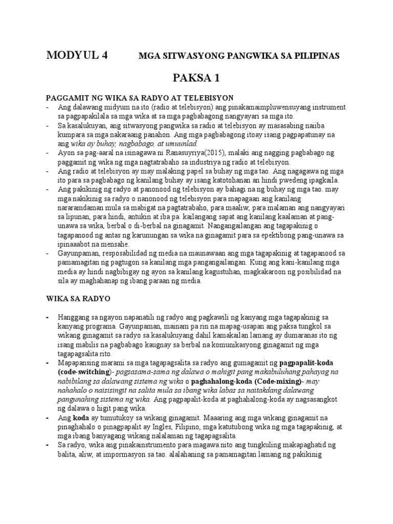 Modyul 4mga Sitwasyong Pangwika Sa Pilipin As Docx