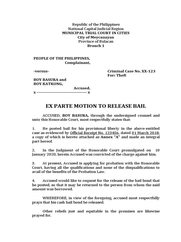 Ex Parte Motion To Release Bail SAMPLE Bail Courts