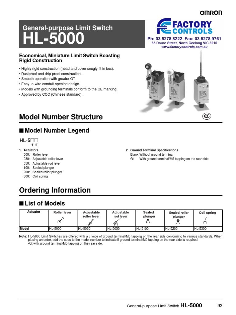 HL5000 Limit Switch Datasheet PDF Screw Electrical Components