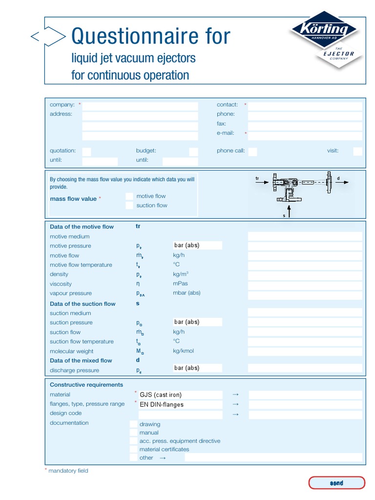 Questionnaire For Liquid Jet Vacuum Ejectors For Continuous Operation