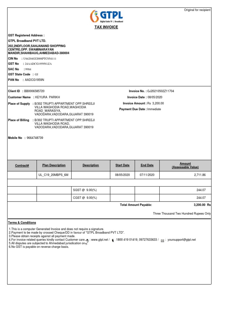Tax Invoice for Broadband Internet Services Provided to Keyura Parikh