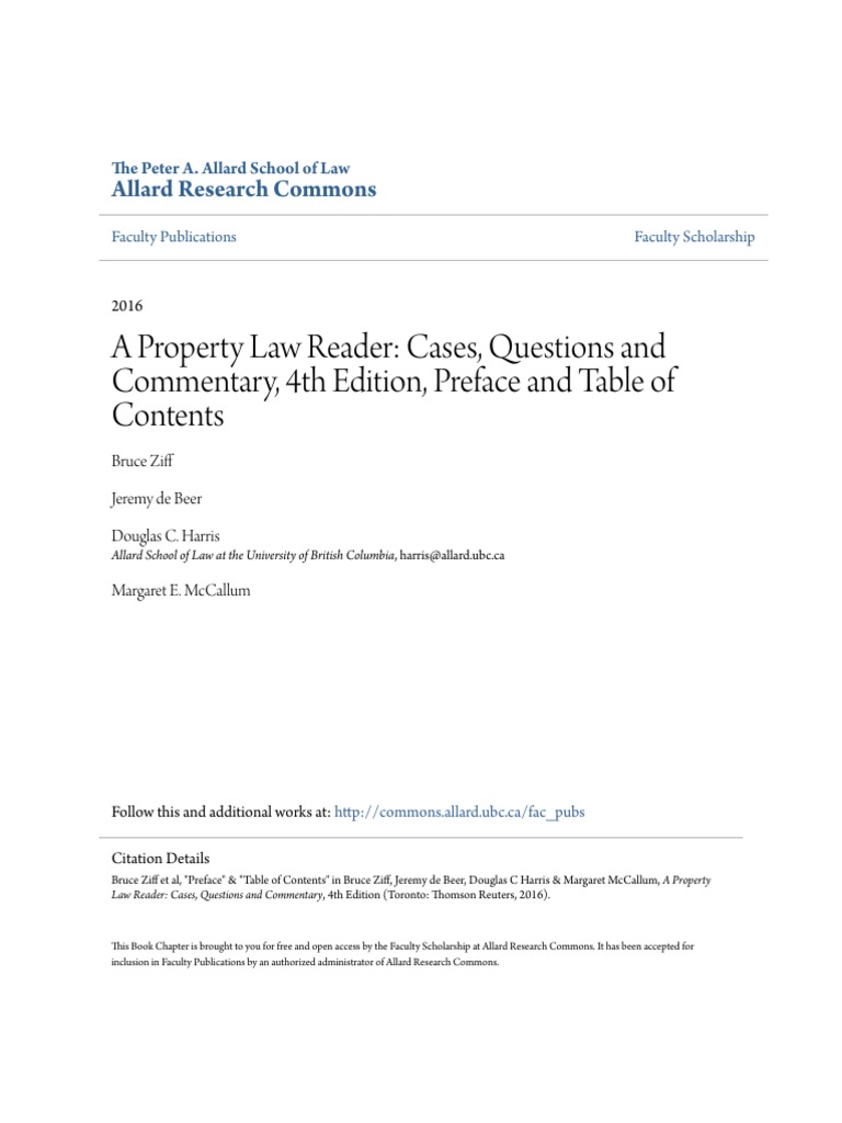 Table of Contents Ziff A Property Law Reader Cases Questions and