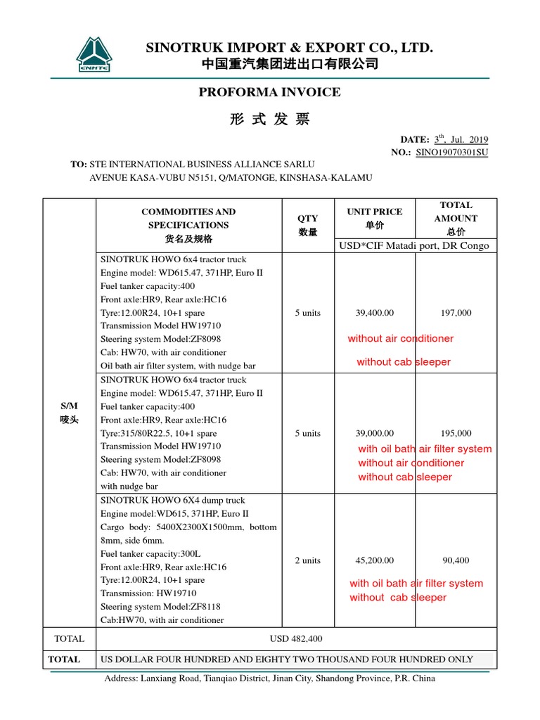 Pro Forma Invoice For HOWO Tractor Truck and Dump Truck (CIF) Corrigé