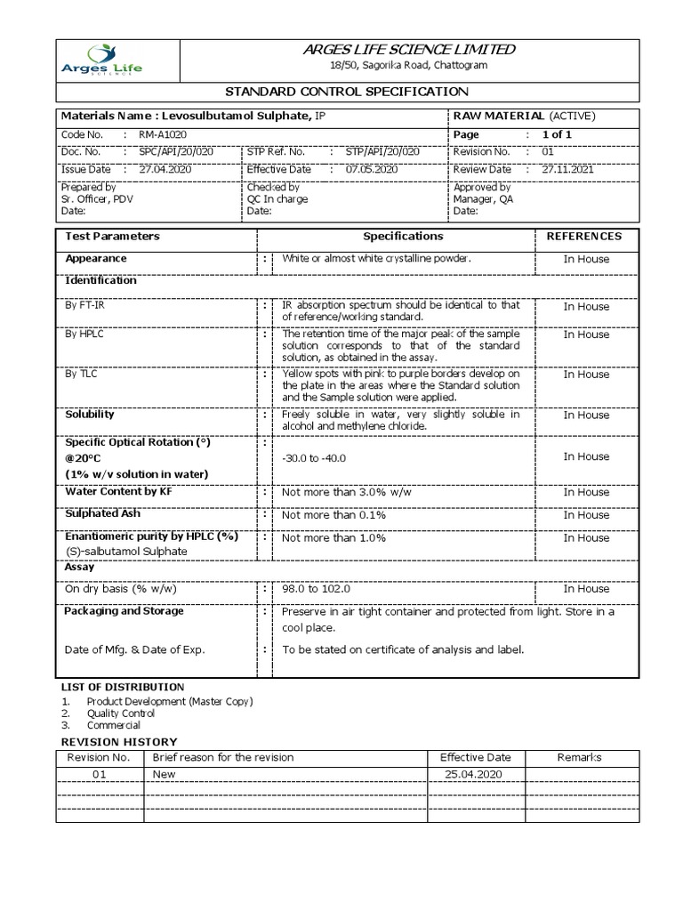 Arges Life Science Limited Standard Control Specification PDF