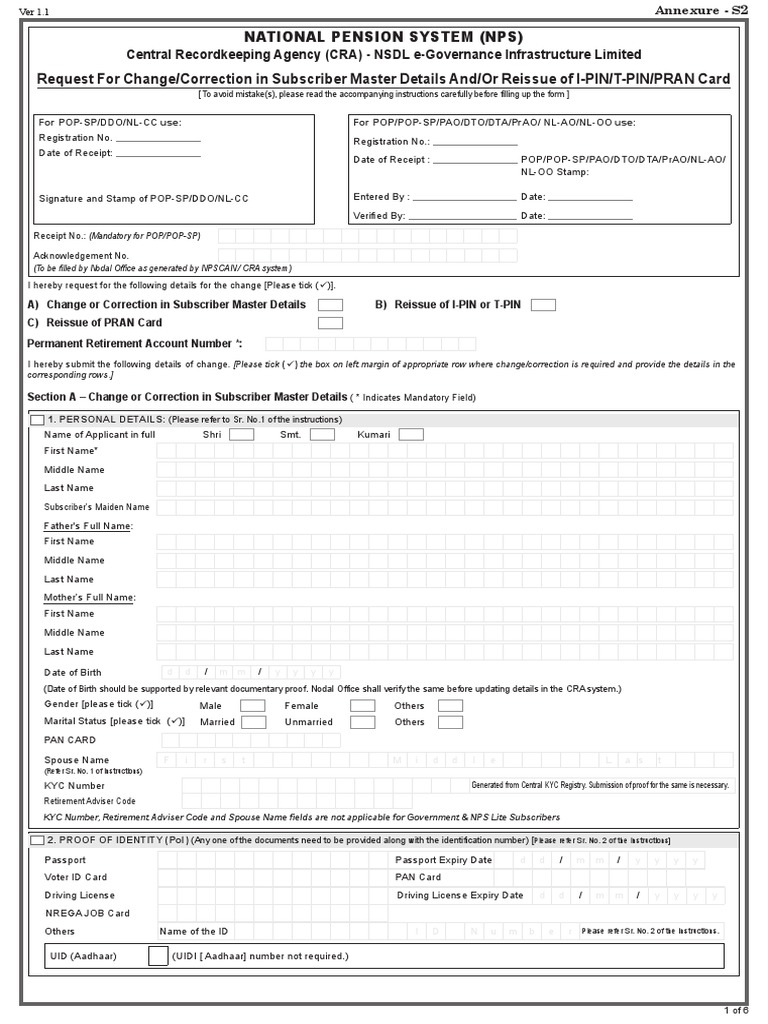 National Pension System (NPS) Request For Change/Correction in