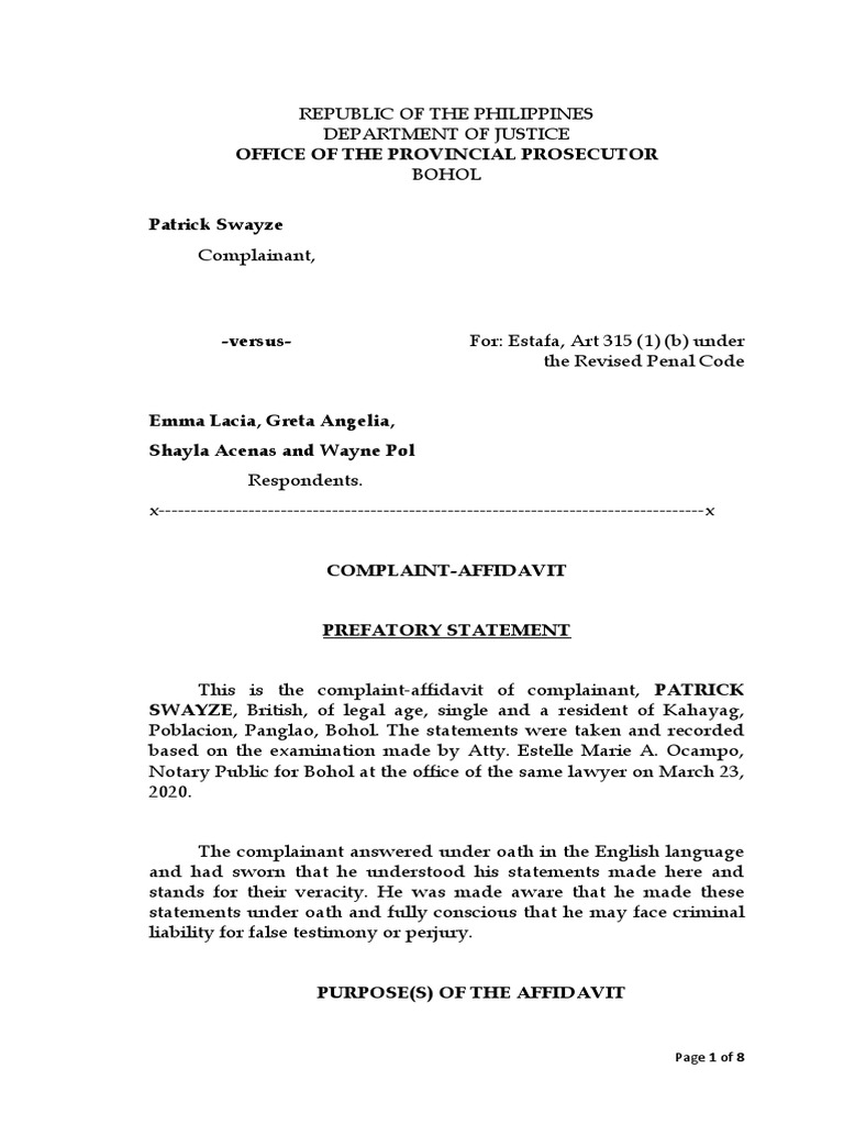 Complaint Affidavit for Estafa Case | PDF | Perjury | Affidavit