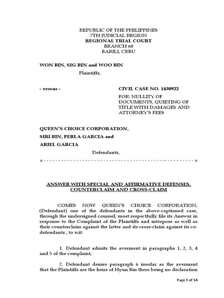 ANSWER WITH SPECIAL AND AFFIRMATIVE DEFENSES AND COUNTERCLAIM Sample