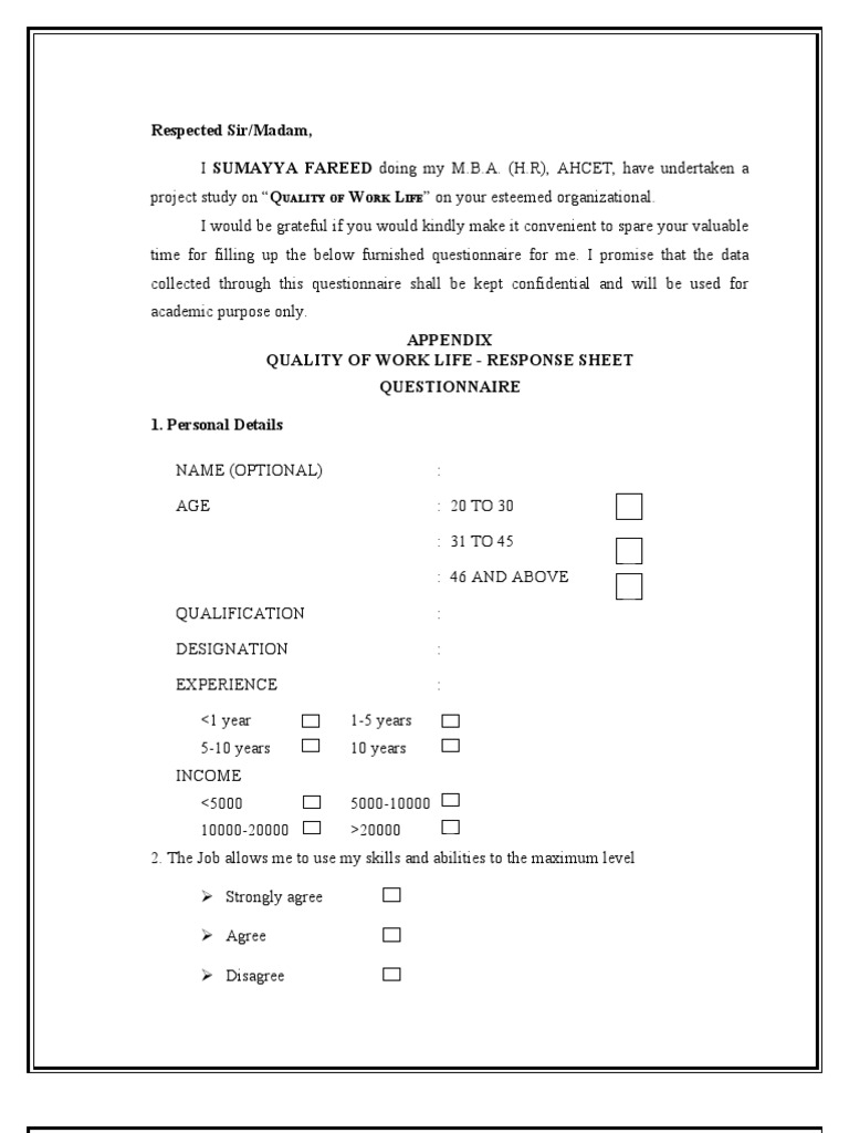 Quality of Work Life Questionnaire | PDF | Employment | Labor