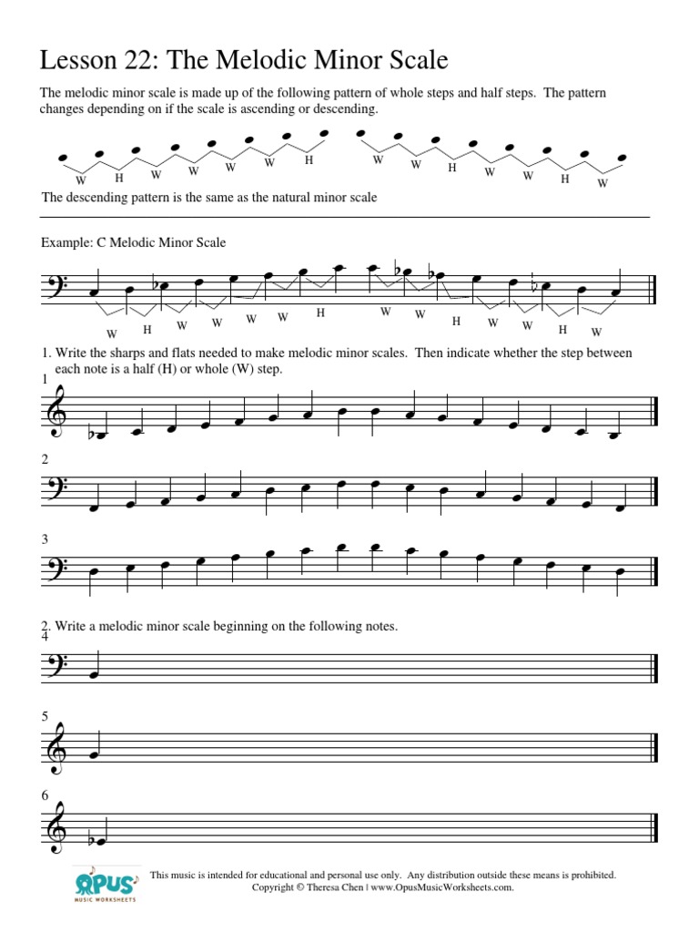Music Theory Worksheet 22 Melodic Minor Scale PDF | PDF