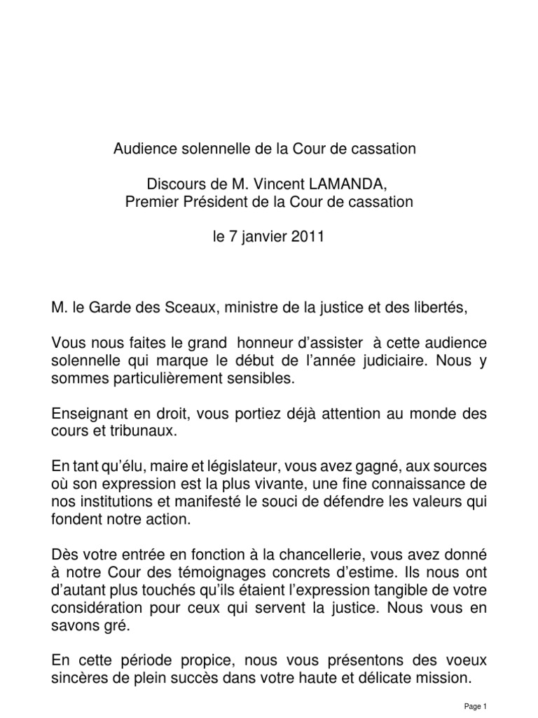 Discours De Vincent Lamanda Premier President De La Cour De Cassation Magistrat Justice