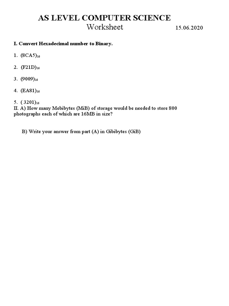 As Level Computer Science: Worksheet | PDF