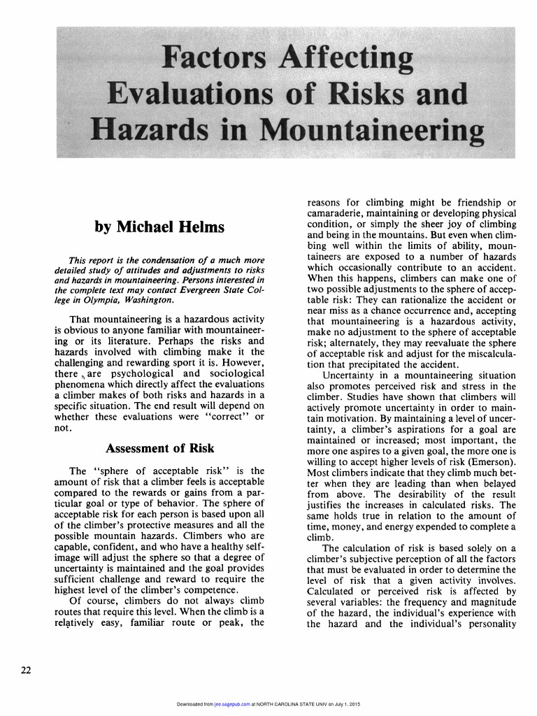 Factors Affecting Evaluations Of Risks And Hazards In Mountaineering