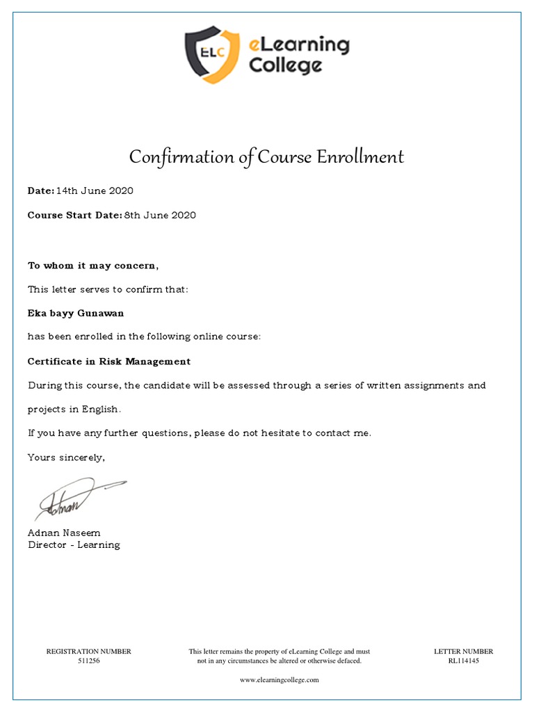 Confirmation of Course Enrollment: Date: 14th June 2020 Course Start ...