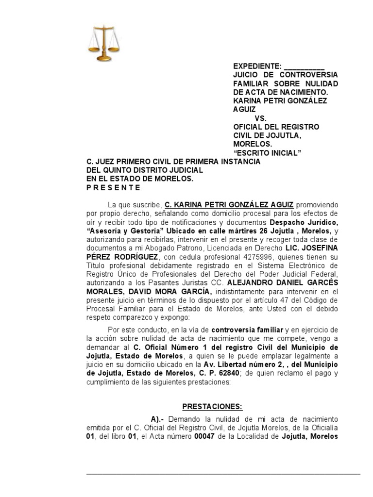 Demanda de Nulidad Duplicidad Actas PDF Certificado de nacimiento Demanda judicial