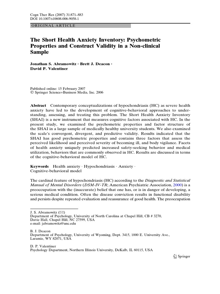 The Short Health Anxiety Inventory: Psychometric Properties and ...
