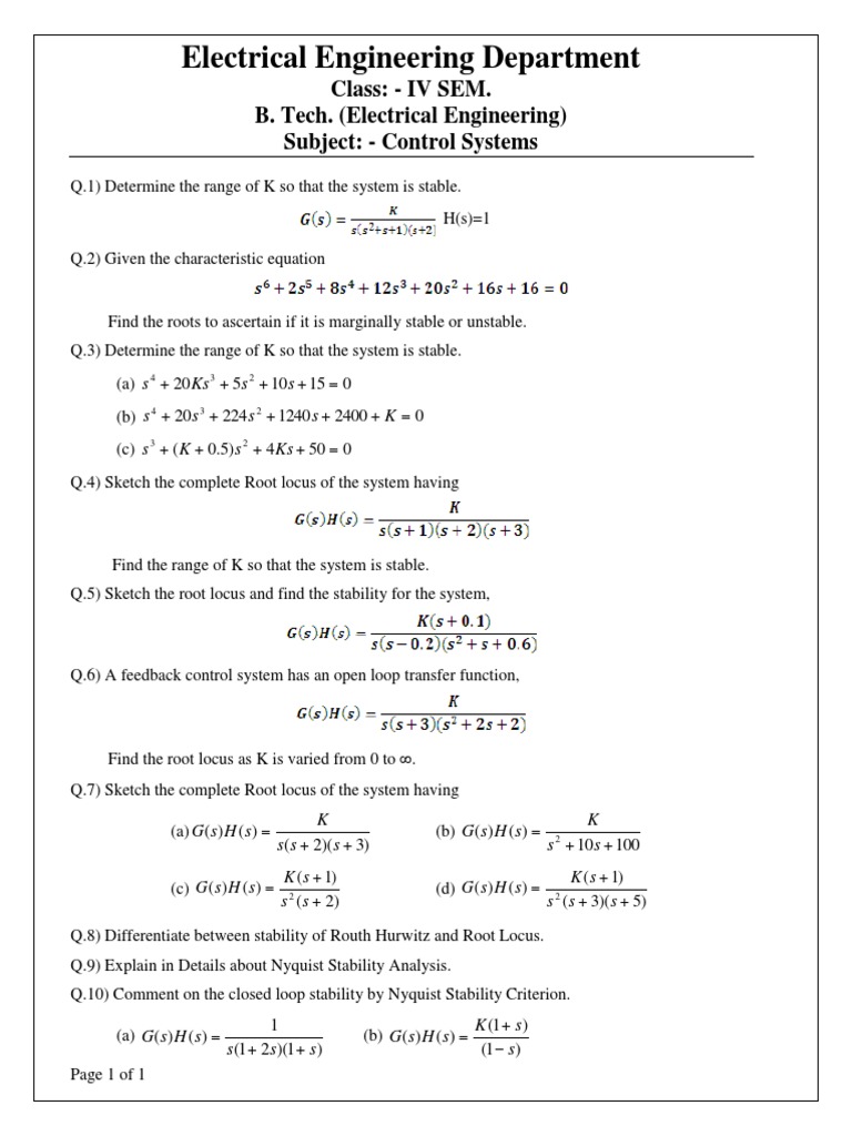 EE405 Control Systems Question Bank PDF