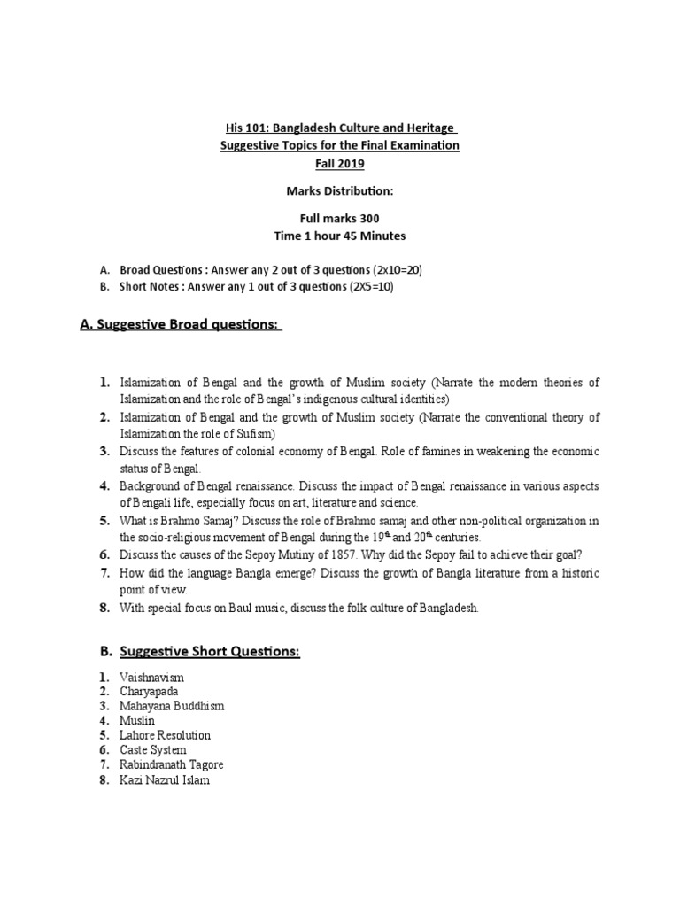 Suggestive Topics for Bangladesh Exam | PDF