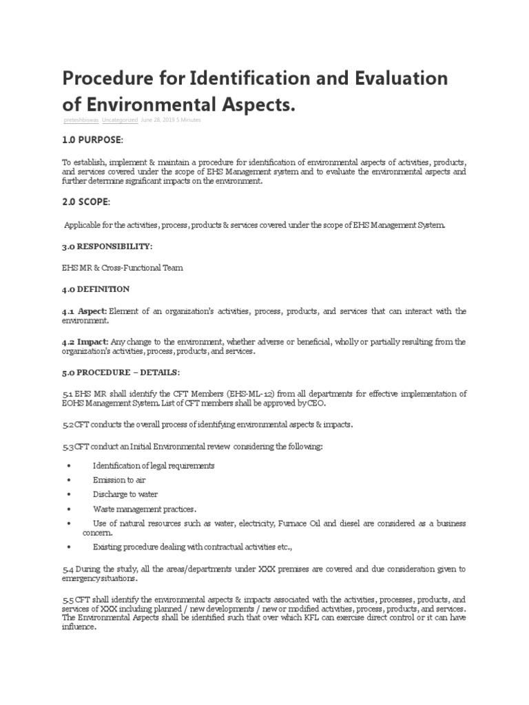 Environmental Aspects Evaluation Procedure | PDF | Waste Management ...