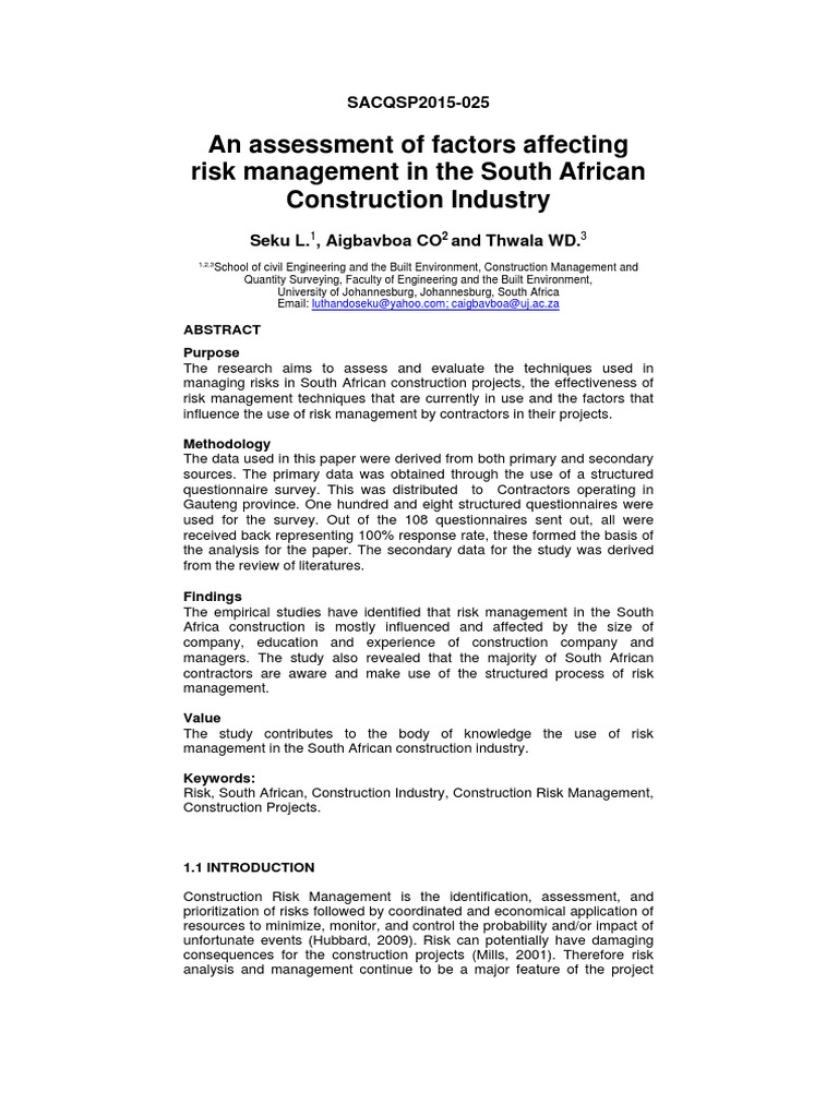 Factors Influencing Risk Management in Construction | PDF | Risk | Risk ...
