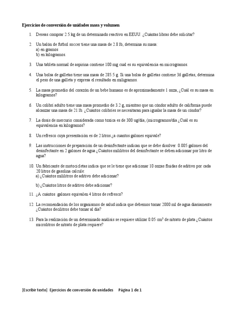 Cuantos Miligramos Hay En Una Onza Ejercicios de Conversic3b3n de Unidades Masa y Volumen A | PDF