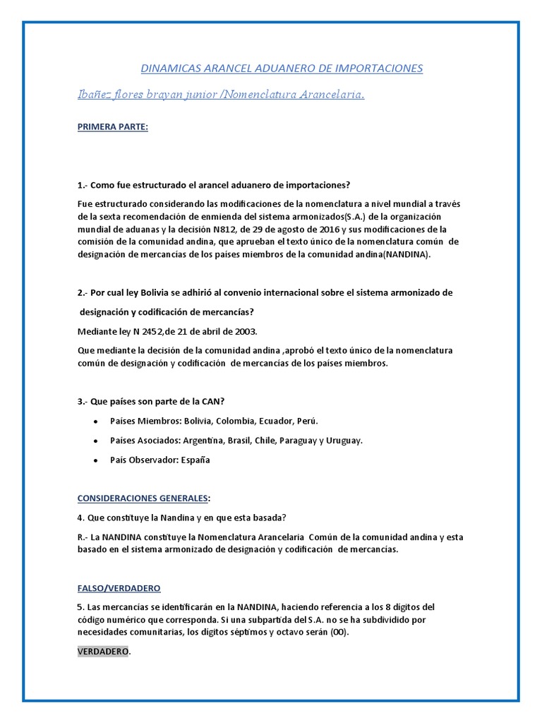 Estructura del Arancel Aduanero en Bolivia | PDF | Comunidad andina ...