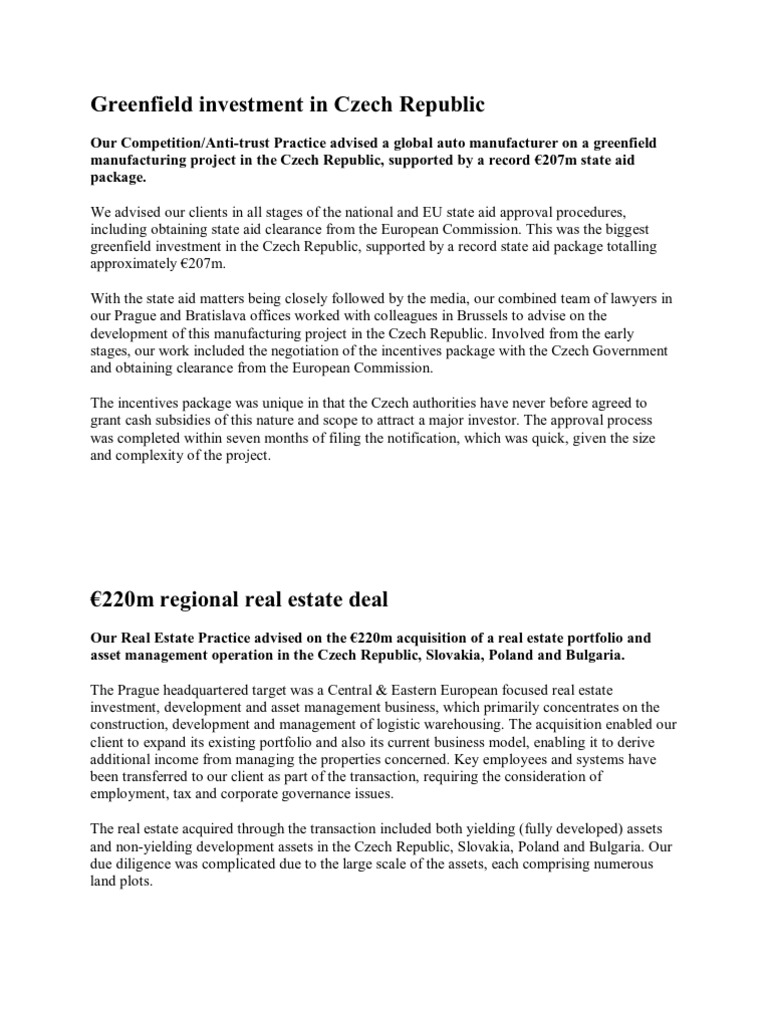 Green Field Investment in Czech Republic Foreign Direct Investment