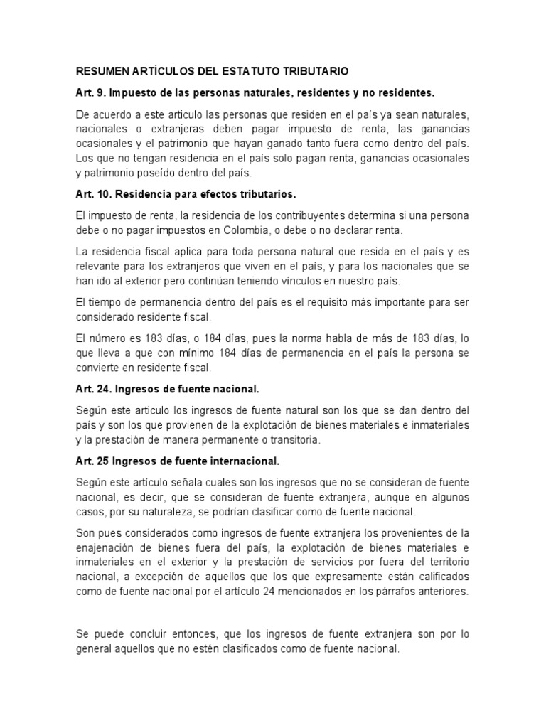 Resumen Artículos Del Estatuto Tributario PDF Herencia Impuestos