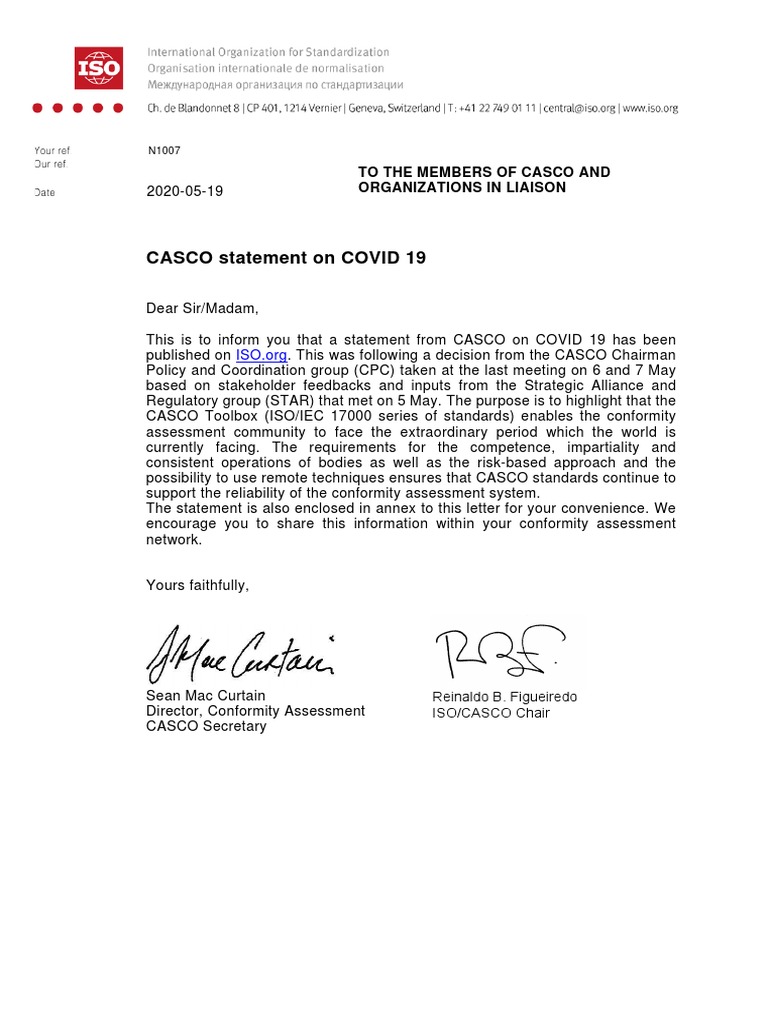 CASCO Statement On COVID 19 | PDF | Risk | Reliability Engineering
