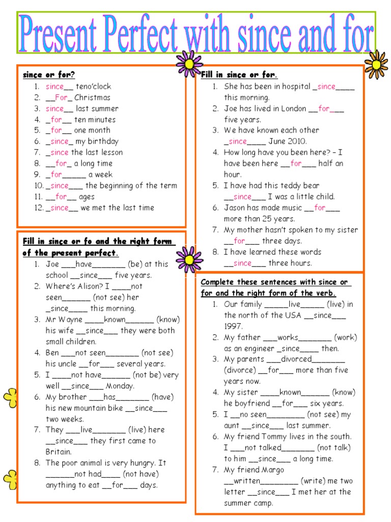 Present Perfect Since Or For Pdf