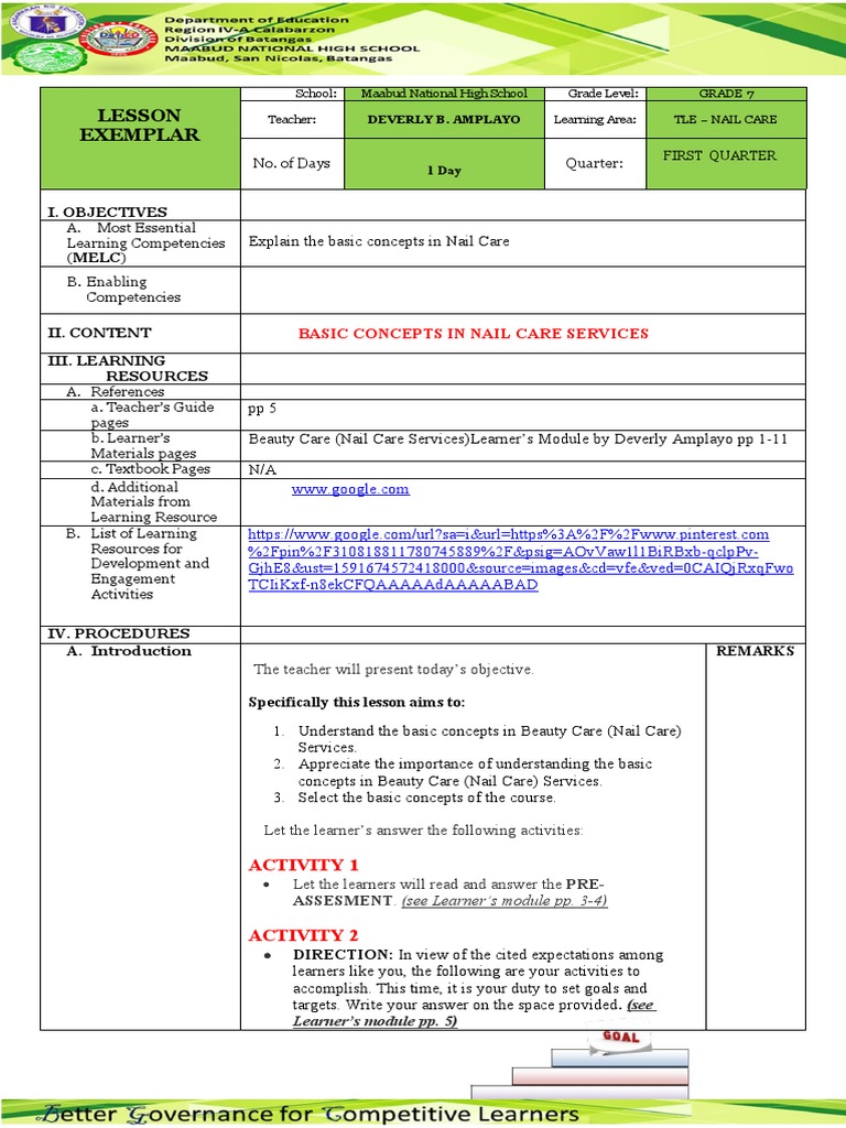 Nail Care Lesson Plan for Grade 7 | PDF | Nail (Anatomy) | Learning
