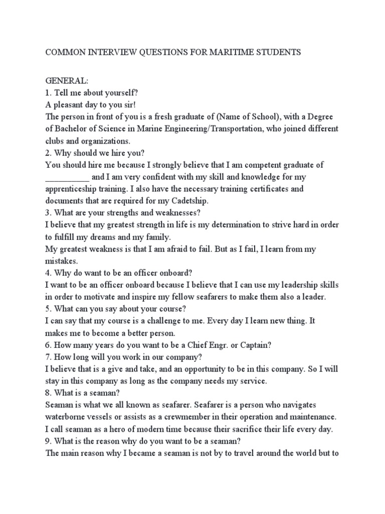 Common Interview Questions For Maritime Students PDF Sailor Safety