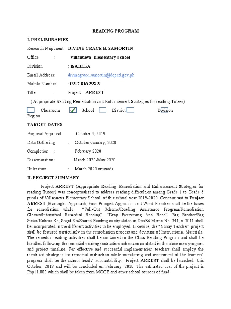Project ARREST: Reading Remediation Plan | PDF | Literacy | Reading ...