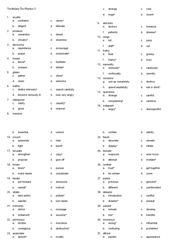 Vocabulary Test Practice with Answers | PDF