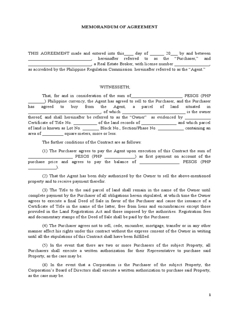 Memorandum of Agreement | PDF | Deed | Land Lot