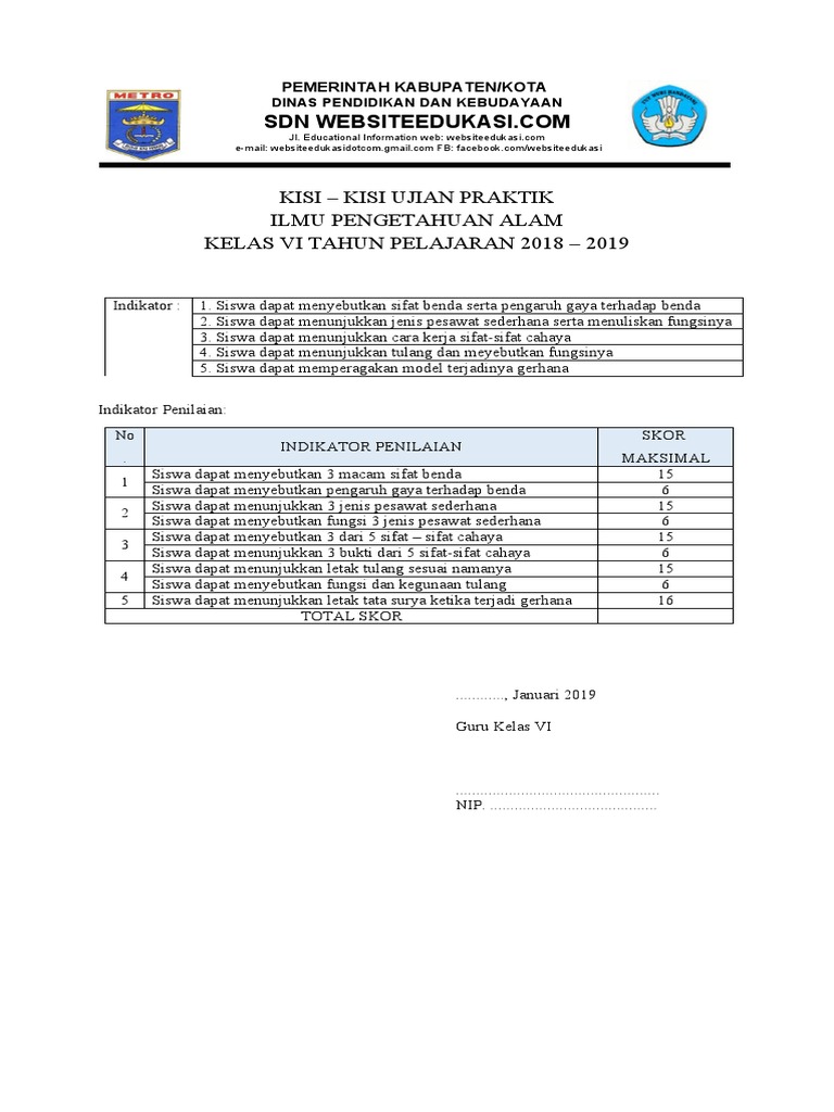Kisi Kisi Ujian Praktik Ipa Sd
