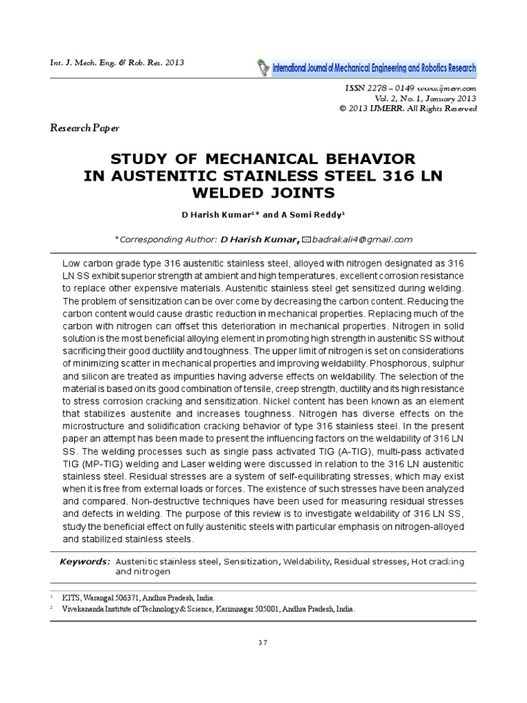 Study of Mechanical Behaviour in Austenitic Stainless Steel 316 LN ...