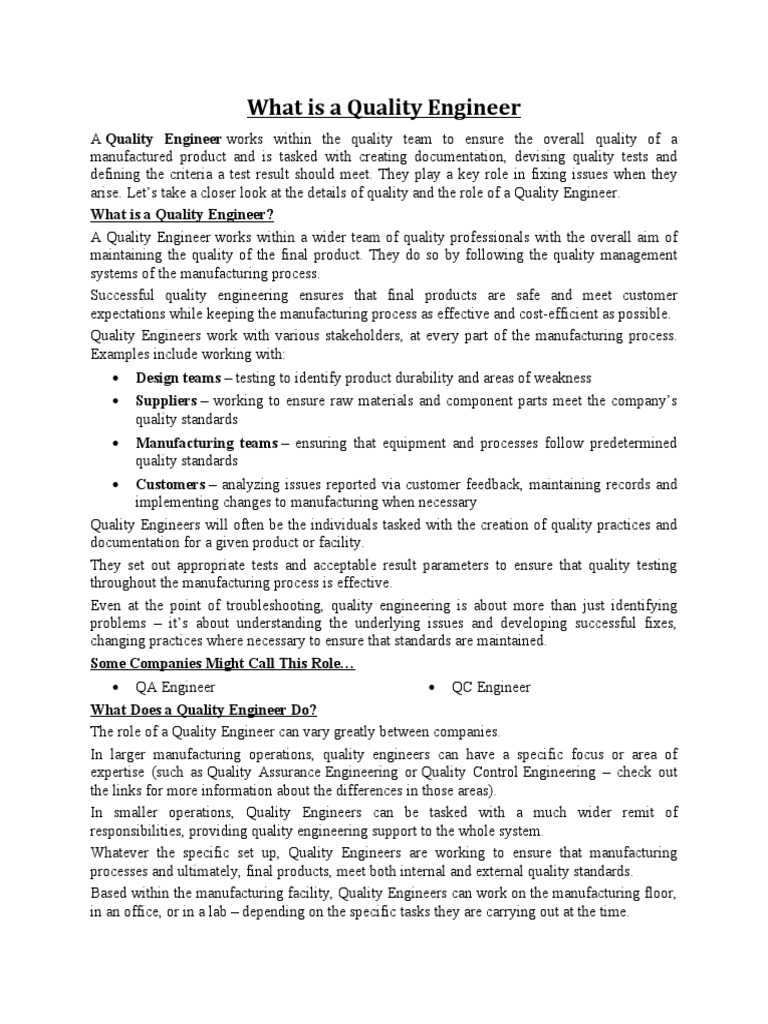 Understanding the Quality Engineer Role | PDF | Quality Assurance ...